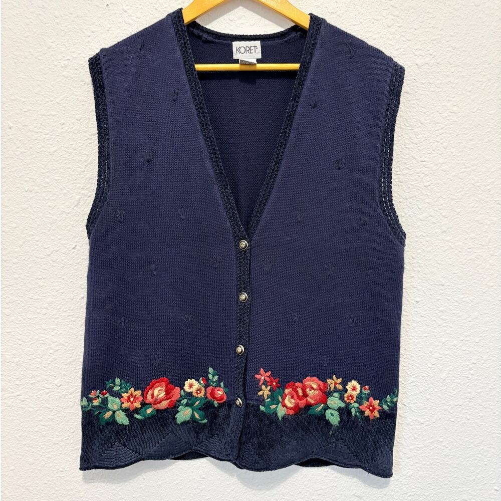 Vintage Floral Embroidered Vest Koret Medium Navy Blue Cottage Fairy 90s